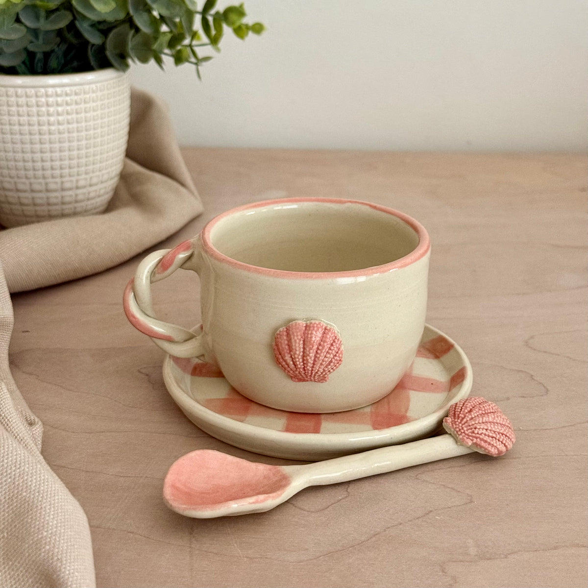 Handmade Ceramic Shell Cup & Saucer Set Gingham