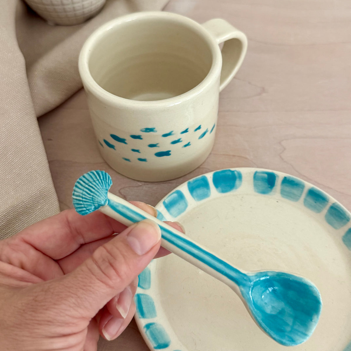 Handmade Coastal Cup, Saucer & Spoon Set